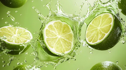 Fresh Limes Splashes Water Citrus Fruits Green Background