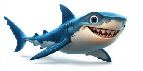 Obraz premium A cartoon shark with a big smile swimming in the deep white backgroud.