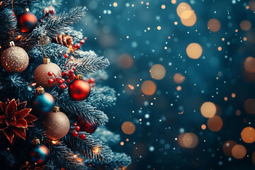 Festive Christmas tree adorned with ornaments and snowflakes in a winter wonderland setting