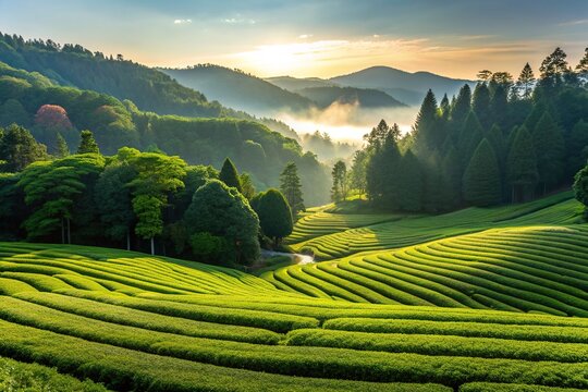 green tea, growth, Japanese culture, traditional, forest, Nihondaira, Silhouette, cultivation, scenery, nature, Japanese green tea plantations from Nihondaira in the forest Silhouette