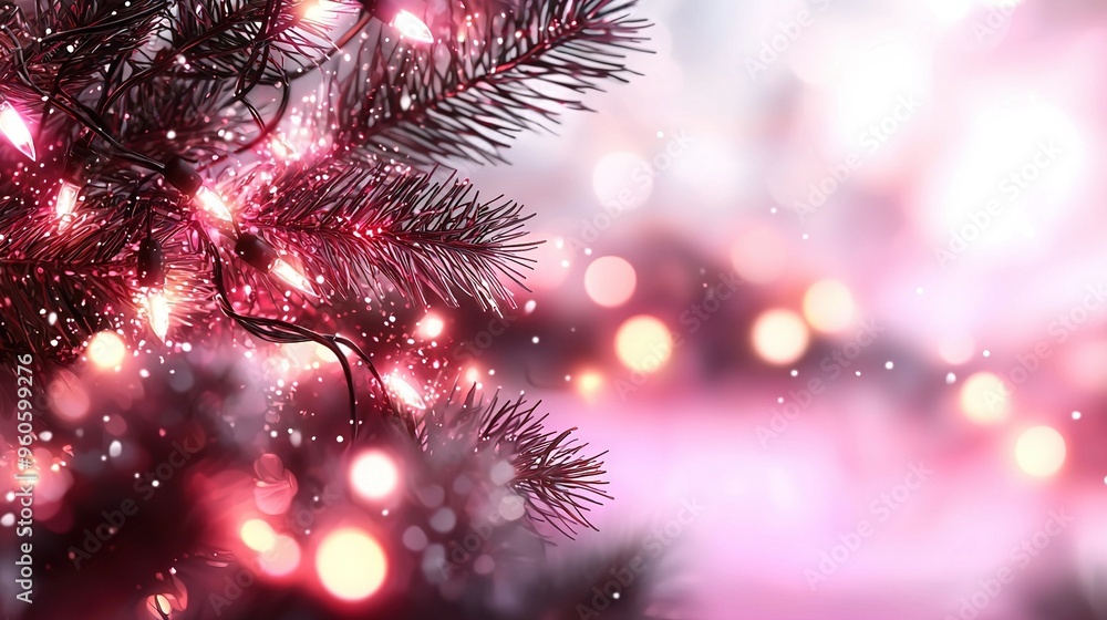 Poster a sharp focus on a pine tree branch against a soft background of colorful lights
