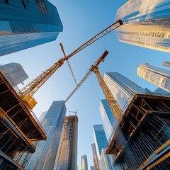 Construction site of Modern Skyscrapers Touching the Sky in Sunlight Upward view of towering skyscrapers.