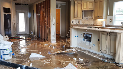 Water damage restoration process in partially renovated residential space during daylight hours