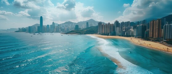 Fototapeta premium Serene Coastal Cityscape: Sandy Beaches in for Relaxation and Travel Inspiration