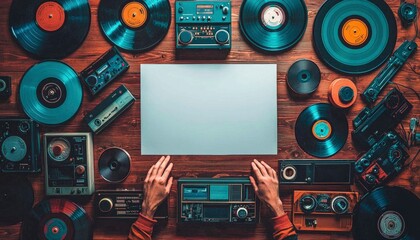 Fototapeta premium Vintage Audio Equipment and Vinyl Records on a Wooden Table