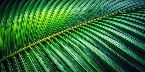 Fototapeta premium Close up of a tropical coconut leaf vividly contrasted against a dark nature background, contrasted, foliage, leaf, lush, color-toned, exotic, dark, closeup, nature, vibrant, green