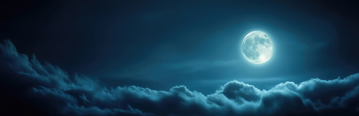 A serene night sky featuring a luminous full moon surrounded by soft, cotton-like clouds under a deep blue atmosphere.