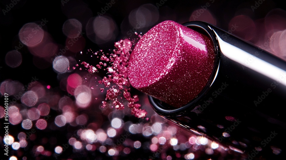 Poster a high-resolution image of a vibrant lipstick resting on a dark background, adorned with sparkling p
