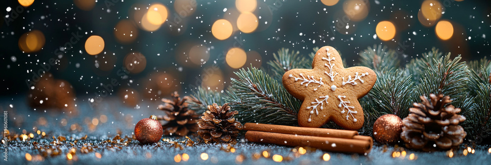 Poster a star shaped cookie with a snowflake on top sits on a table with pine cones and cinnamon sticks