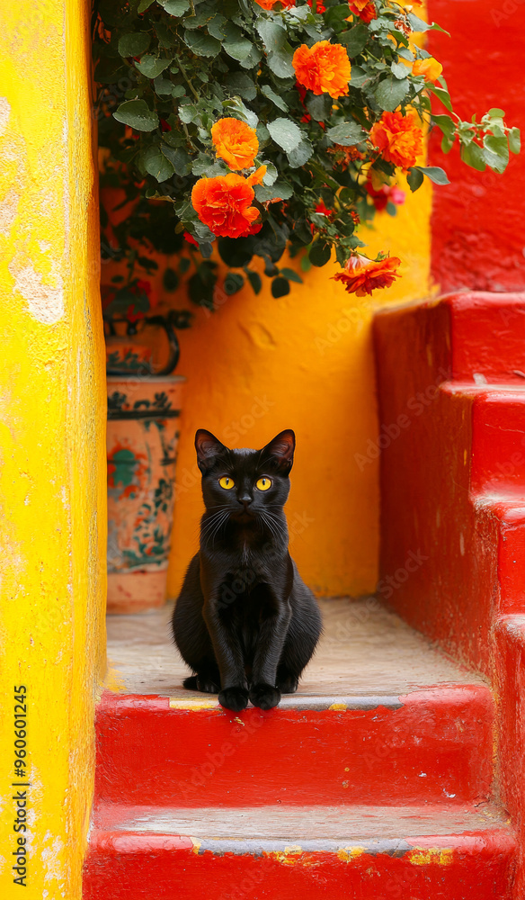 Poster a black cat is sitting on a red step. the cat is looking at the camera. the scene is set in a colorf