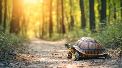 Obraz premium A turtle emerging from a forest path, with dappled sunlight filtering through the trees and highlighting its shell.