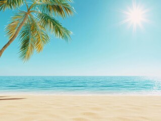 Fototapeta premium A serene beach scene featuring a palm tree, turquoise water, and a bright sun illuminating the peaceful sandy shore.