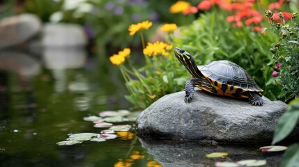Fototapeta premium A turtle resting on a rock in a garden pond, surrounded by blooming flowers and greenery.