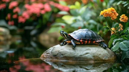 Fototapeta premium A turtle resting on a rock in a garden pond, surrounded by blooming flowers and greenery.