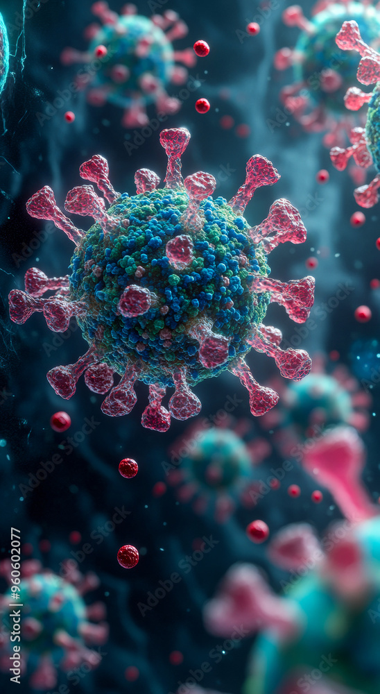 Poster a computer generated image of a virus with red and blue colors