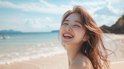 Naklejka premium beautiful attractive asian girl model, smiling laughing on the beach