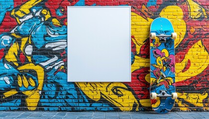 Obraz premium Skateboard Leaning Against Graffiti-Covered Brick Wall with a White Frame