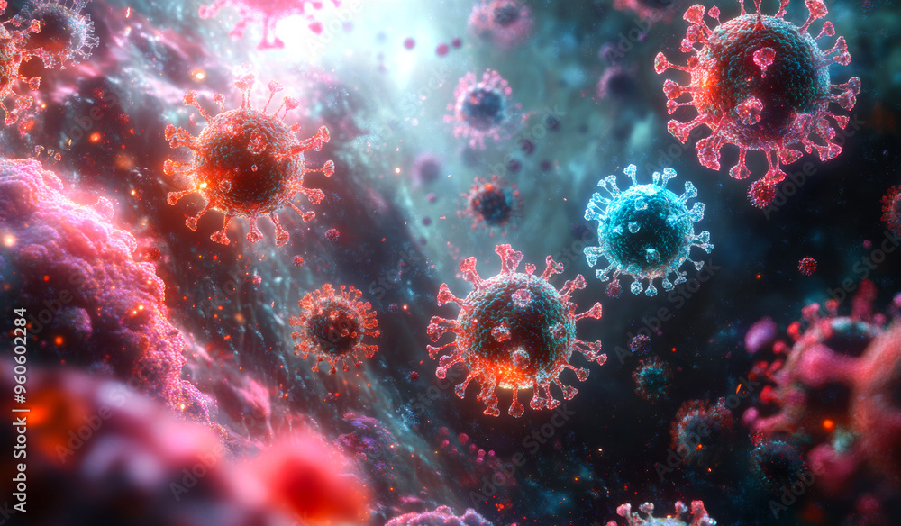 Poster a colorful image of viruses floating in space. the viruses are in various colors and sizes, and they