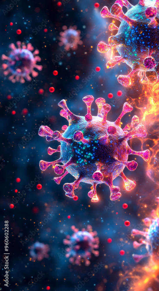 Poster a colorful image of a virus with red and blue colors. the image is abstract and has a futuristic fee