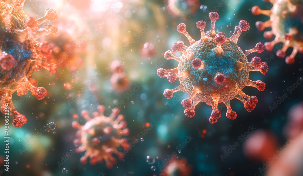 Poster a bunch of red and blue viruses are floating in the air. the viruses are small and colorful, and the