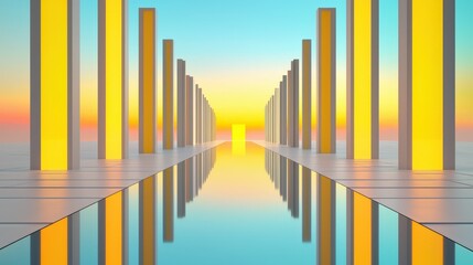 Obraz premium Colorful 3D cityscape illustration with bar graph, arrow, and line design for business finance concept