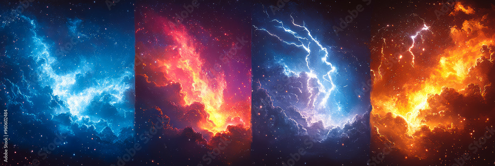 Poster four different colored clouds with a blue one in the middle. the clouds are in the sky and are very 