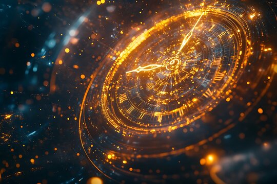 Abstract clock face exploding with light particles