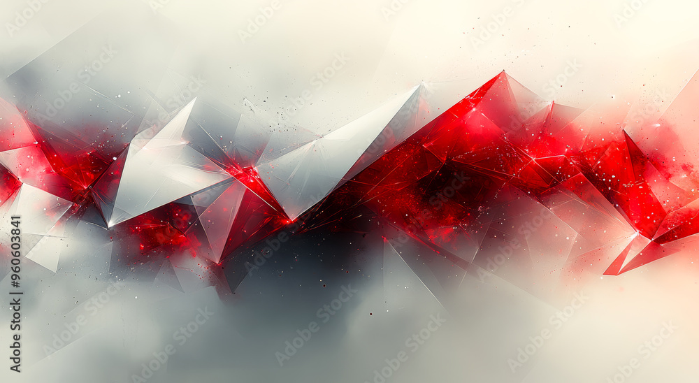 Poster a red and white abstract design with a lot of red and white triangles. the design is very dynamic an