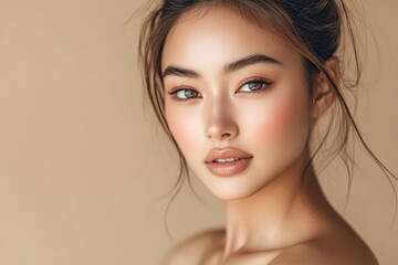 Naklejka premium A glowing beauty shot of a young Asian woman with minimalist makeup, smooth skin, and a neutral backdrop. Her serene expression and perfect complexion emphasize her natural beauty
