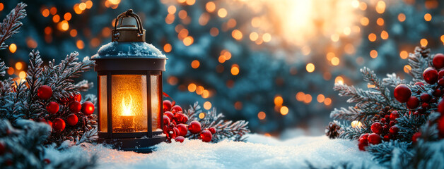 A candle in a lantern is lit on a snowy ground. The lantern is surrounded by red berries and pine needles. The scene is set in a winter landscape, with the candle providing a warm and cozy atmosphere
