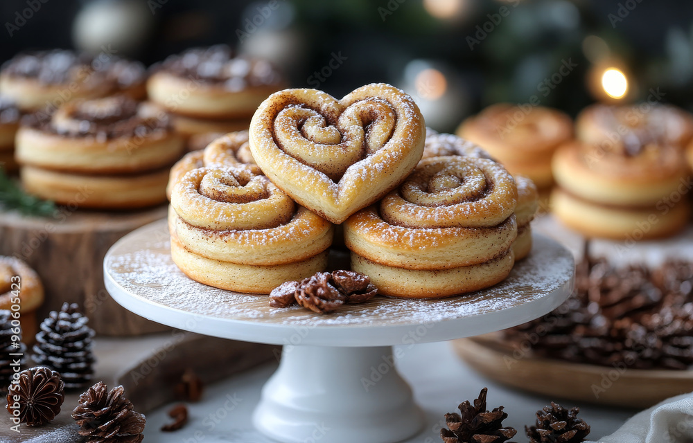Poster a white plate with a stack of cinnamon rolls on top of it. the rolls are decorated with powdered sug