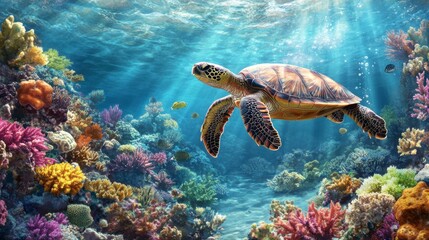 A wide shot of a sea turtle swimming above a coral reef, with vibrant marine life and clear blue water creating a vivid scene.