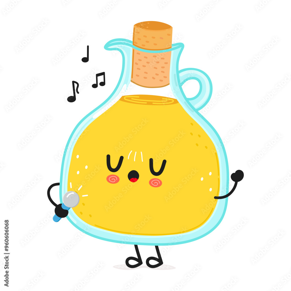 Wall mural Olive oil sings into a microphone character. Vector hand drawn cartoon kawaii character illustration icon. Isolated on white background. Olive oil character concept