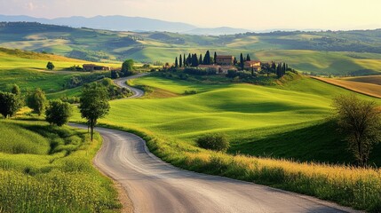 Fototapeta premium A winding road through a hilly countryside, with green fields, trees, and a small village in the distance.