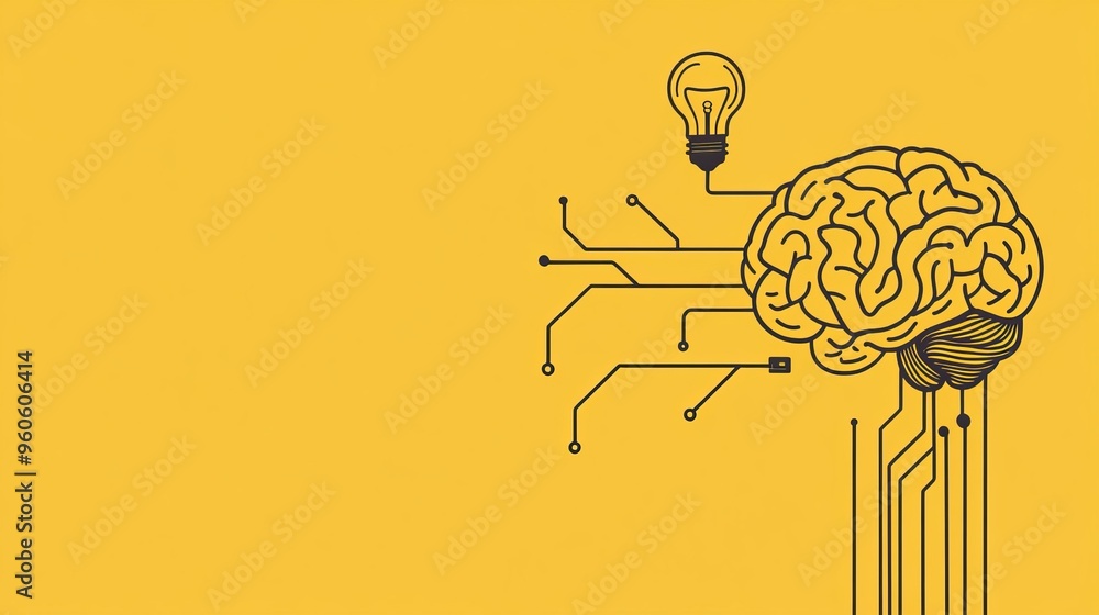 Poster line drawing of a brain connected to a light bulb on a yellow background symbolizing creativity and 