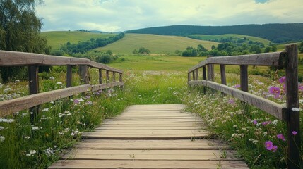 Fototapeta premium A wooden bridge in a rural landscape, with fields of wildflowers and rolling hills in the background.