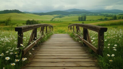 Obraz premium A wooden bridge in a rural landscape, with fields of wildflowers and rolling hills in the background.