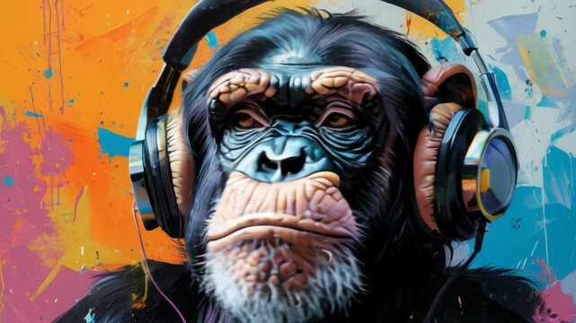 Abstract neon art featuring a chimpanzee wearing headphones, blending vibrant colors and modern design.