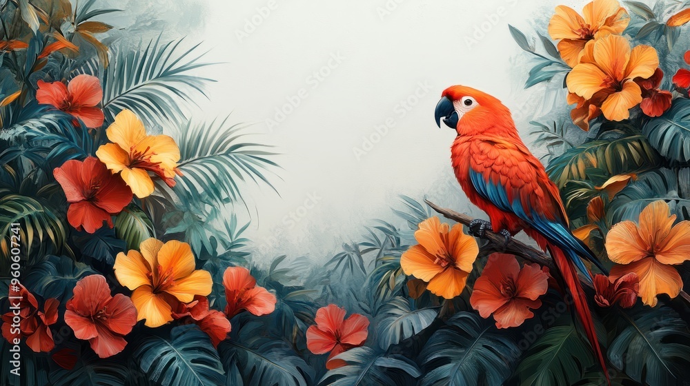 Wall mural Jungle scene with animals on white