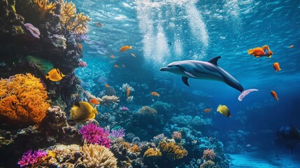 Fototapeta premium Dolphins swimming in the ocean near a coral reef, with colorful fish and marine life creating a vibrant underwater scene.
