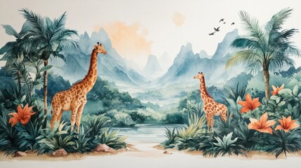 Jungle scene with animals on white