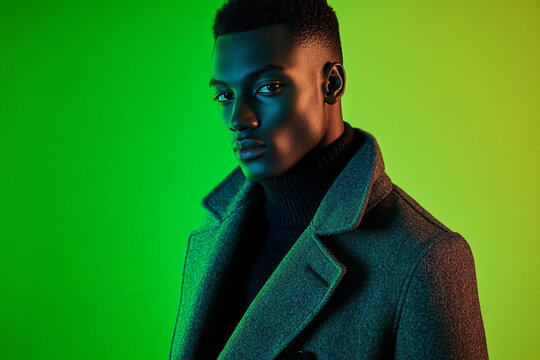 Fashionable Mens Gray Wool Overcoat with Solid Neon Green Modern Lifestyle Portrait for Trendsetting Looks
