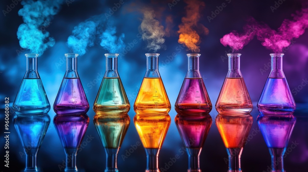 Poster a fascinating arrangement of erlenmeyer flasks filled with brightly colored liquids emits vibrant sm