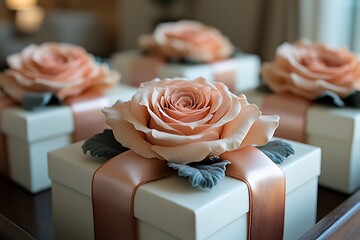 Elegantly arranged bridesmaid gift boxes adorned with delicate peach roses and silk ribbons.