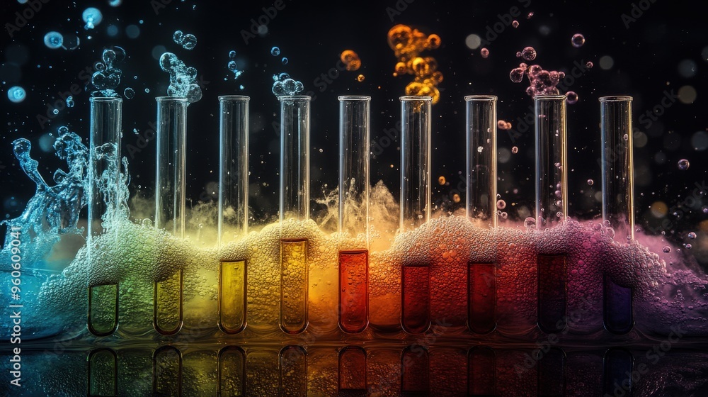Poster a striking display features a series of test tubes filled with liquids in various colors, surrounded