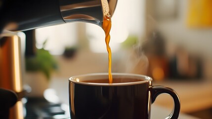 Freshly brewed coffee pouring into a mug, Monday morning, essential morning ritual