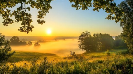 Fototapeta premium Scenic countryside with mist and sunrise, Monday morning, calm and refreshing