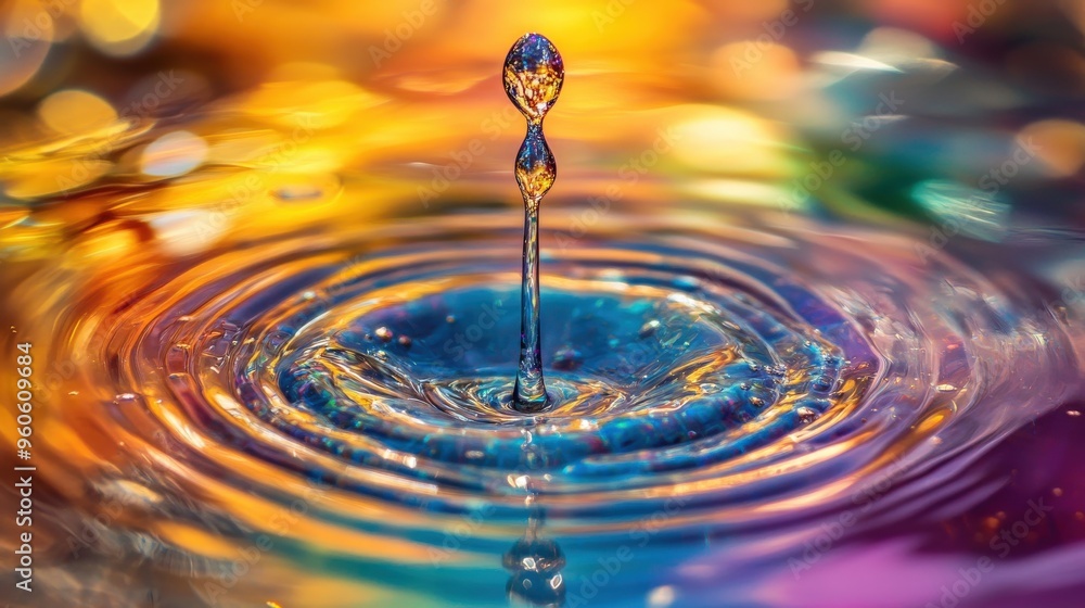 Poster a single drop of chemical falls into a shimmering pool, creating captivating ripples while reflectin