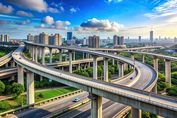 Fototapeta premium transport, transportation, construction, cityscape, elevated, engineering, road, Elevated freeway road bridge with cut out background offering a bird s eye view of the urban landscape