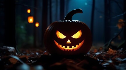 halloween pumpkins forest night halloween background evil pumpkin spooky scary dark night forest holiday event halloween banner background concept